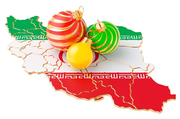 Mappa iraniana con palle di Natale colorate concetto di vacanze di Capodanno e Natale rendering 3D