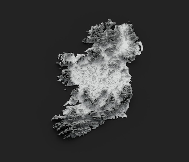 Mappa Irlanda Rilievo ombreggiato bianco Mappa altezza colore su sfondo nero 3d'illustrazione