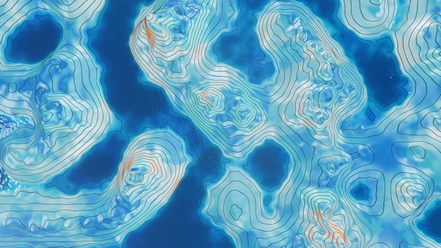 Mappa topografica 3D con acqua. Linee di contorno su una mappa topografica