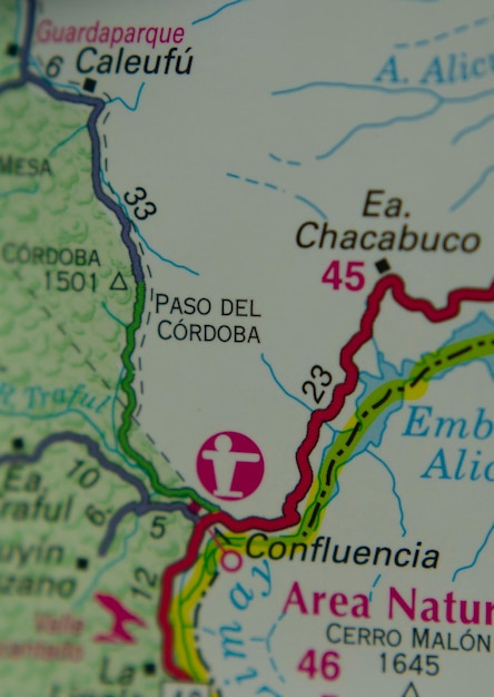 mappa verticale di Paso Cordoba nella Patagonia argentina