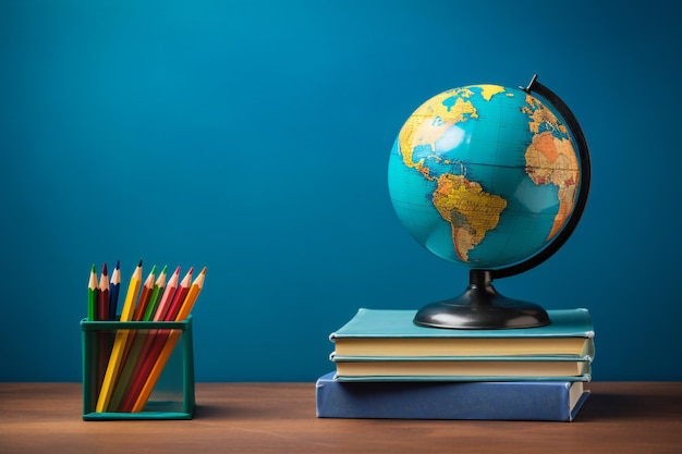 Mappatura Education Globe Pencil Box e libri impostati su sfondo blu