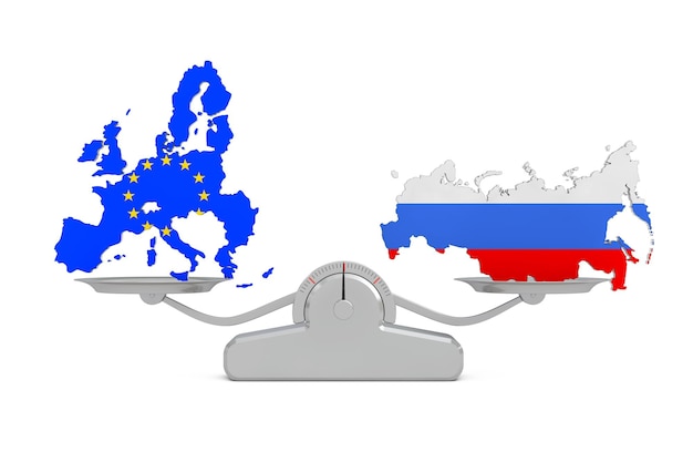 Mappe della bandiera dell'Unione Europea e della Russia in equilibrio su una semplice scala di ponderazione su sfondo bianco Rendering 3d