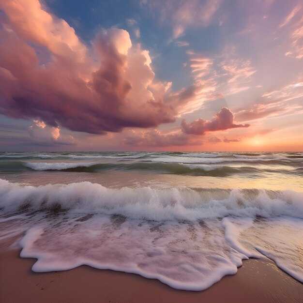 Mar Mediterraneo al tramonto cielo drammatico nuvole rosa luminose luce solare dolce dorata ora dorata