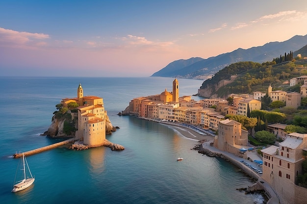 Mar Mediterraneo all'alba piccola città vecchia e yacht Europa Italia Camogli