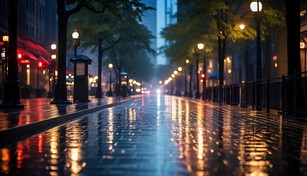 marciapiede di notte dopo la pioggia con strade bagnate