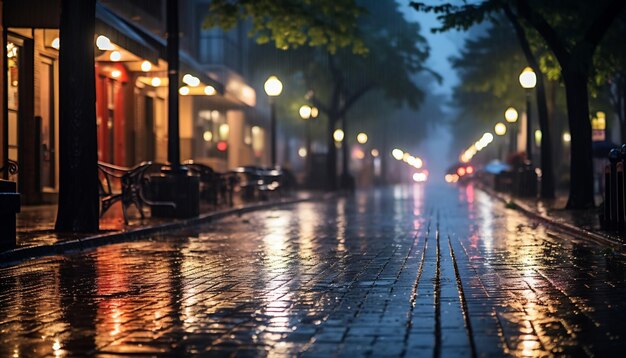 marciapiede di notte dopo la pioggia con strade bagnate