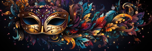 Mardi gras maschera colorata decorazione di carnevale su banner nero