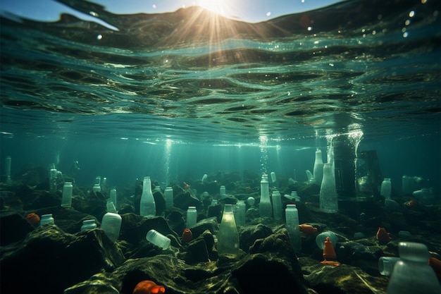 Mare aperto contaminato da bottiglie di plastica e microplastiche che simboleggiano l'inquinamento marino da plastica