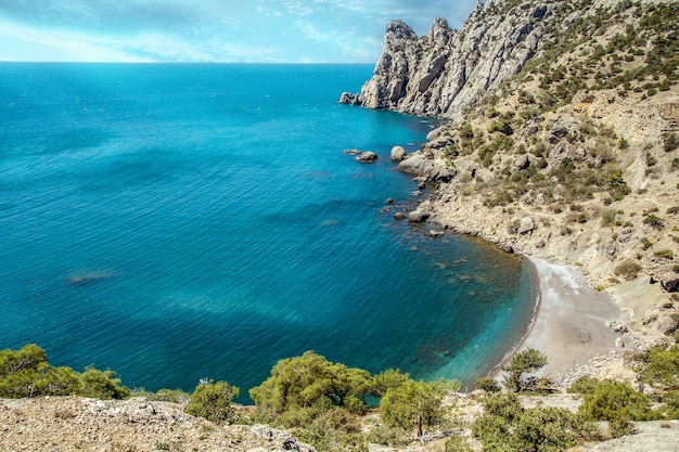 mare azzurro con alte montagne