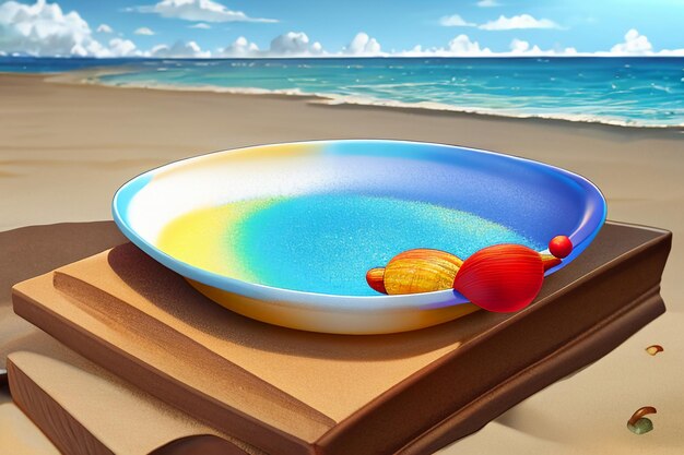 Mare blu spiaggia gialla paesaggio naturale sfondo piatto di frutta decorazione carta da parati illustrazione