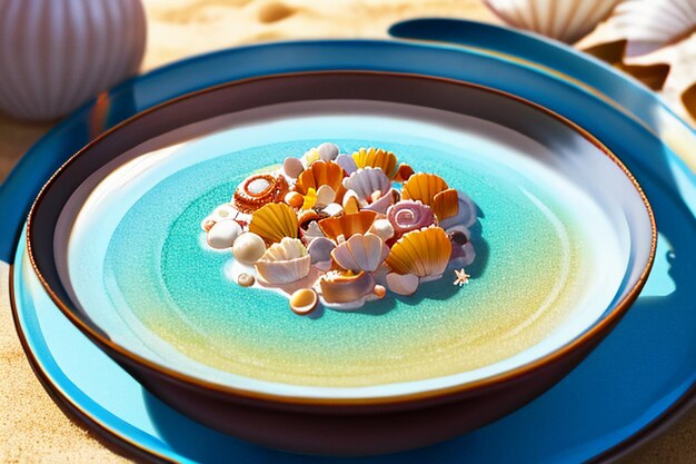 Mare blu spiaggia gialla paesaggio naturale sfondo piatto di frutta decorazione carta da parati illustrazione
