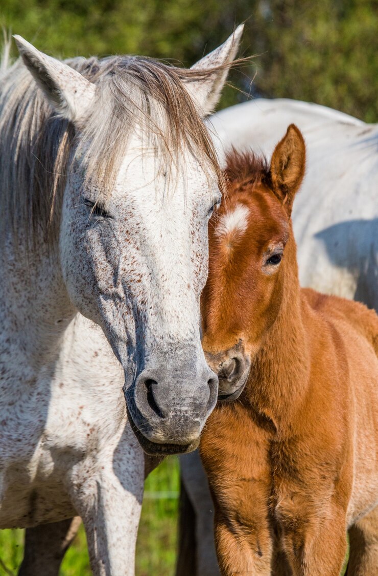 Mare con il suo puledro. Cavallo bianco della Camargue