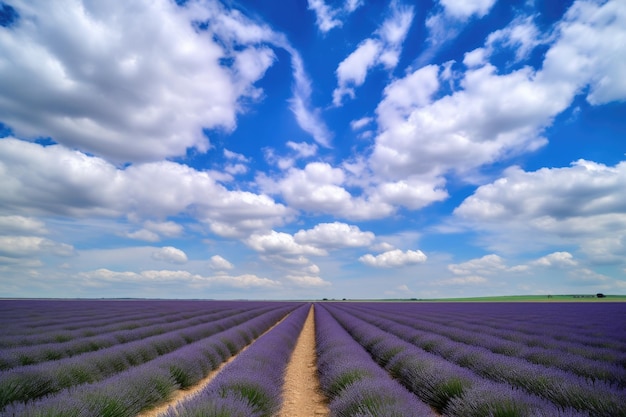 Mare di campi di lavanda con cielo azzurro e soffici nuvole sullo sfondo creato con intelligenza artificiale generativa