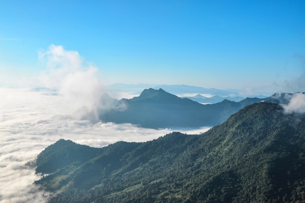 Mare di nebbia e montagne al mattino presto