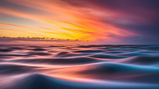 Mare durante un colorato tramonto con una lunga esposizione