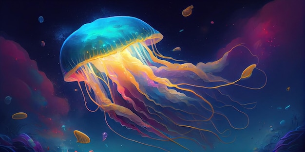 Mare magico con una bellissima medusa incandescente IA generativa