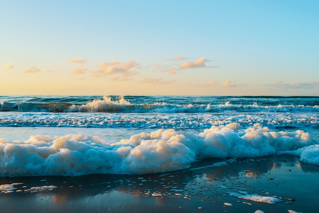 mare spiaggia sabbiosa schiuma di mare e cielo azzurro al tramonto