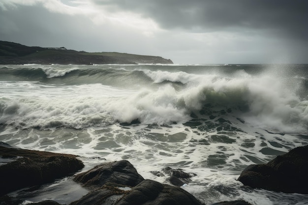 Mare tempestoso con onde che si infrangono contro la riva e si allagano sulla terraferma