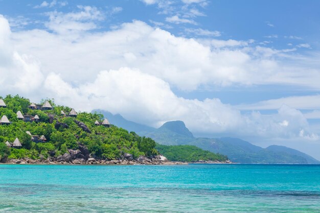 Mare tropicale e montagne con palme