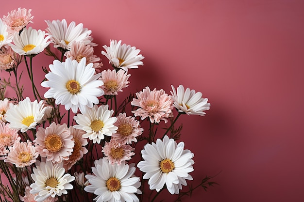 Margherite bianche adagiate accanto a uno sfondo rosa