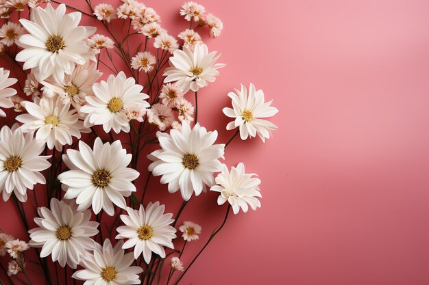 Margherite bianche adagiate accanto a uno sfondo rosa