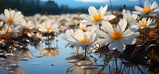 margherite bianche e farfalle nel prato di fiori nello stile di scene pastorali poetiche cieli blu realistici