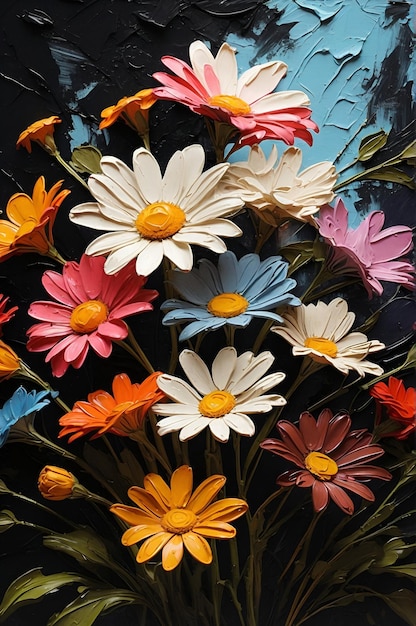 Margherite multicolori astratte fiore arte pittura a olio texture Pallet coltello opera d'arte su tela