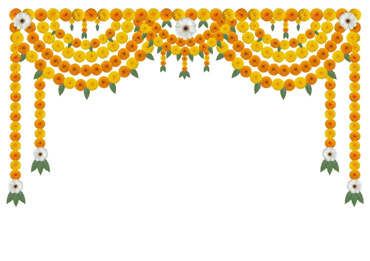 Photo marigold flower garland decoration backdrop for wedding decor happy diwali indian holiday festival isolated on white background