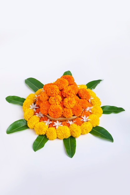 Marigold Flower rangoli Design for Diwali Festival, Indian Festival flower decoration