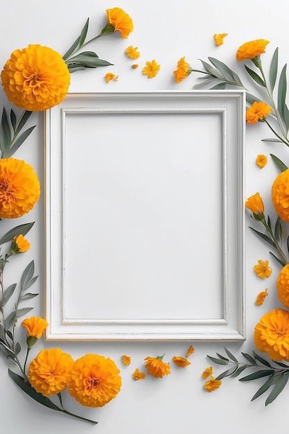 Marigold Melody Mingle vuoto Frame Mockup con spazio vuoto bianco per il posizionamento del vostro disegno