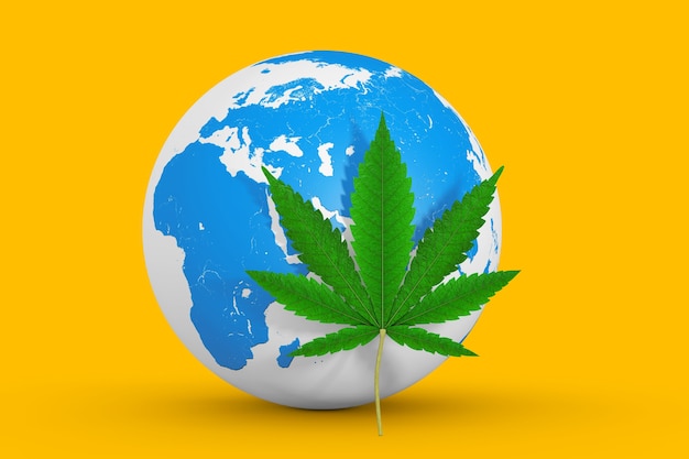 Marijuana medica o foglia di canapa di cannabis davanti al globo terrestre su sfondo giallo. Rendering 3D