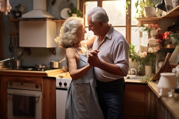 Marito e moglie che ballano in cucina a casa IA generativa