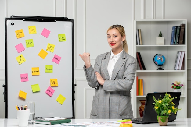 Marketing piuttosto carina giovane donna d'affari in abito grigio in ufficio che punta al lavoro a bordo