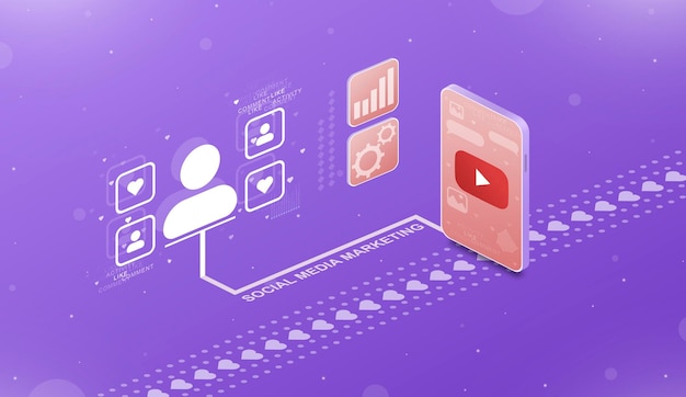 Marketing sui social media e attività degli utenti sul telefono con il logo di Youtube 3d