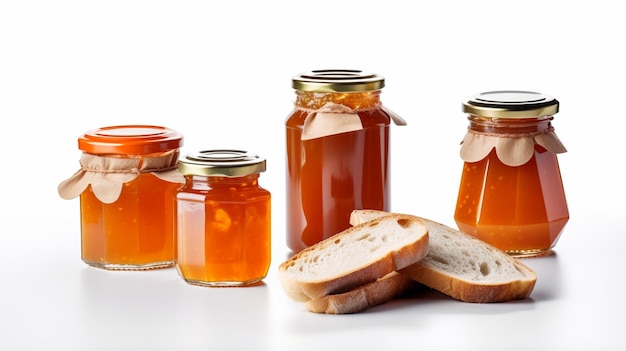 Marmellata di albicocche con fette di pane Vasi su sfondo bianco con intelligenza artificiale generativa