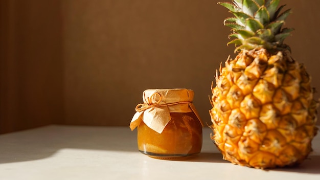 Marmellata di ananas in vasetto di vetro e frutta fresca di ananas su sfondo chiaro con ombre dure del sole Marmellate e confetture fatte in casa