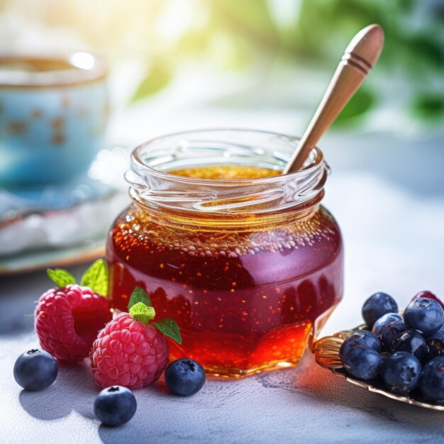 Marmellata di bacche in un barattolo di vetro su uno sfondo di marmo bianco con bacche in primo piano spazio di copia