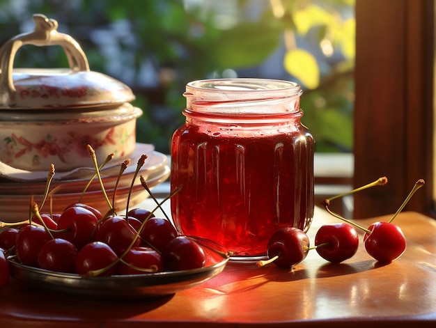 marmellata di ciliegie in barattolo di vetro sul tavolo vicino alla finestra