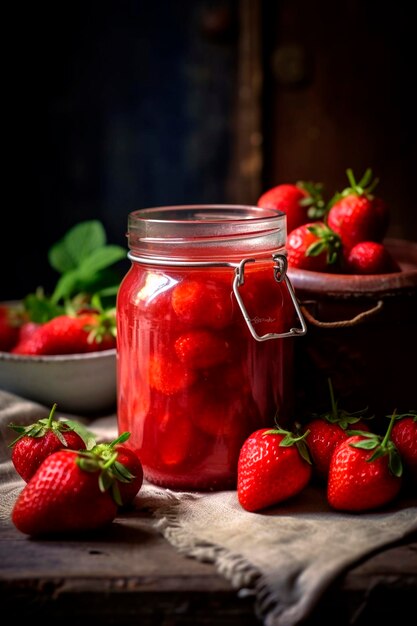 Marmellata di fragole in barattolo AI generativa