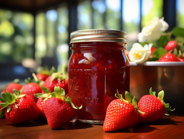 Marmellata di fragole in un barattolo su uno sfondo con bacche generata dall'AI