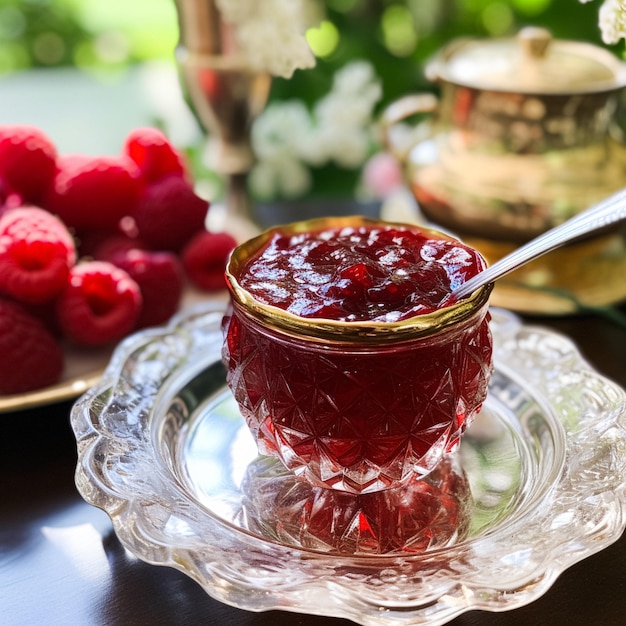 Marmellata di lamponi e lamponi in una ciotola di cristallo cibo di campagna e ricetta inglese idea per il menu blog di cibo e ispirazione per libri di cucina