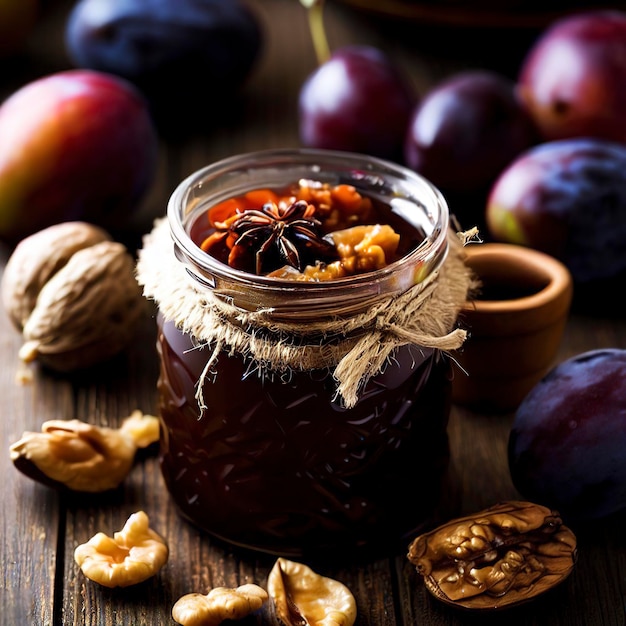 Marmellata di prugne fatta in casa con noci e spezie su un tavolo di legno rustico Fuoco selettivo