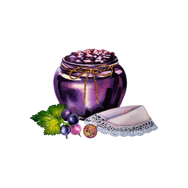 Marmellata di ribes nero. Illustrazione ad acquerello.