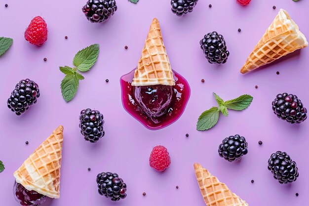 Marmellata in forma di mirtillo con un cono di waffle su uno sfondo viola