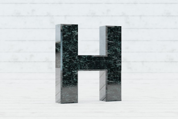 Marmo 3d lettera H maiuscola. Lettera di marmo verde scuro su fondo di legno bianco. carattere di carattere reso 3D.
