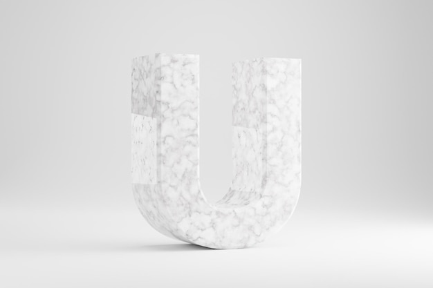 Marmo 3d lettera U maiuscola. Lettera di marmo bianco isolata su priorità bassa bianca. Alfabeto di pietra di marmo lucido. carattere di carattere reso 3D.