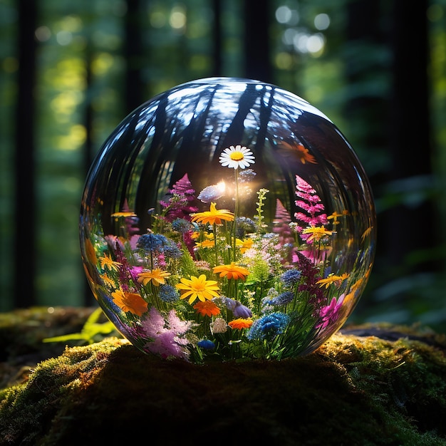 marmo di vetro pieno di fiori in una grande foresta
