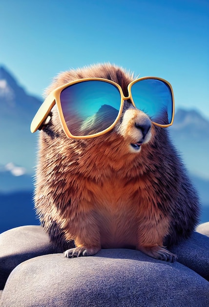 Marmotta alpina in occhiali da sole che riposano sulle rocce al sole Marmotta in natura