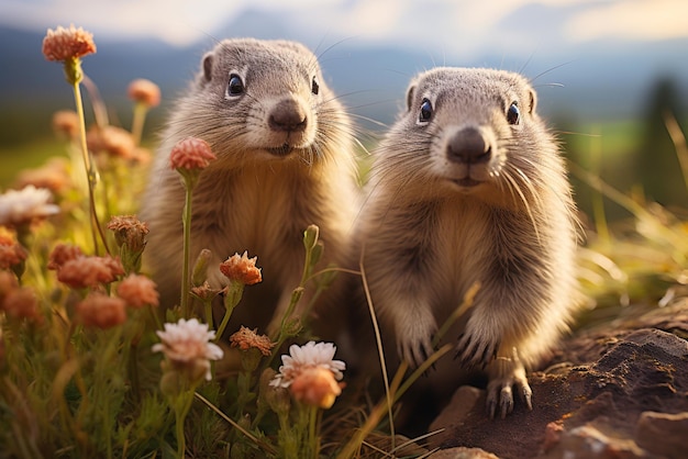 Marmotte curiose su un prato con fiori in montagna animali nella natura selvaggia