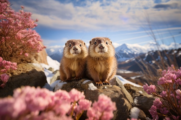 Marmotte curiose su un prato con fiori in montagna animali nella natura selvaggia